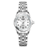 Silver wristwatch with a white dial on a white background