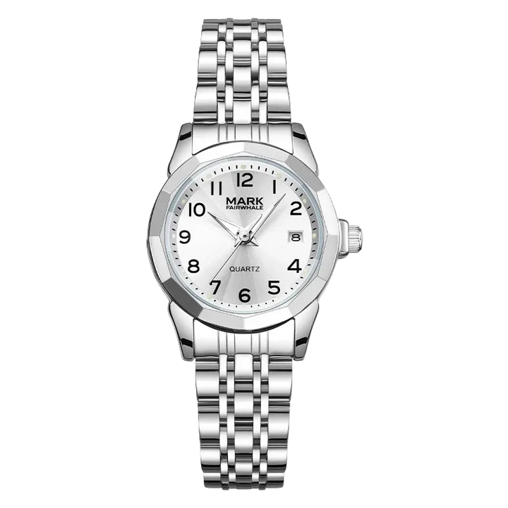 Silver wristwatch with a white dial on a white background