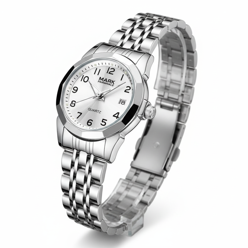 Silver wristwatch with a white face on a white background