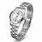 Silver wristwatch with a white face on a white background