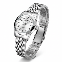 Silver wristwatch with a white face on a white background