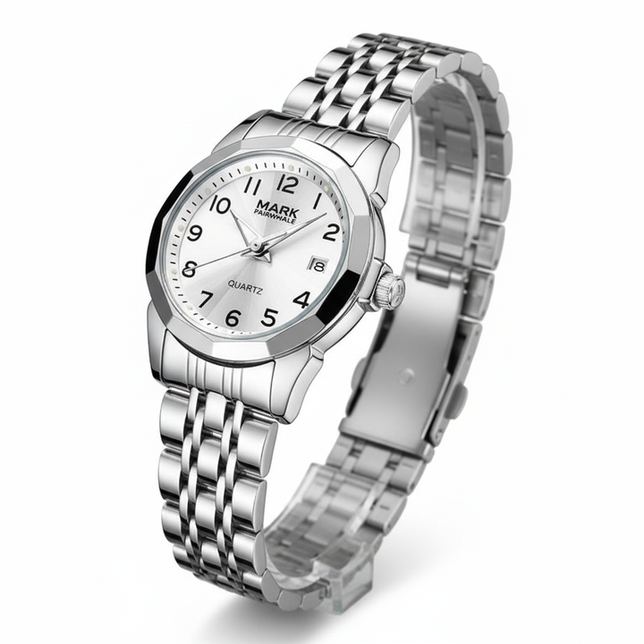 Silver wristwatch with a white face on a white background