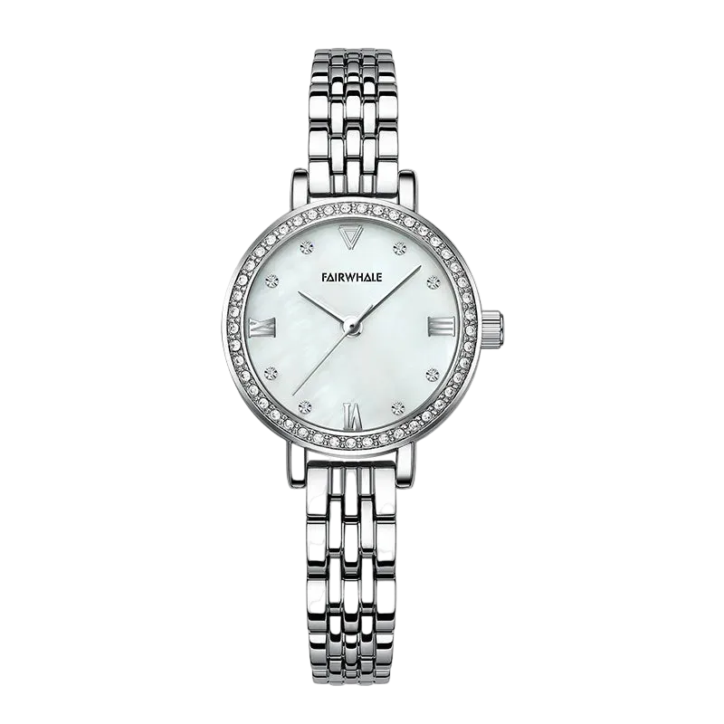 Silver wristwatch with a white face on a white background