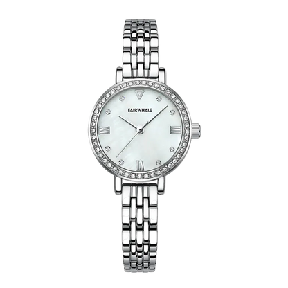 Silver wristwatch with a white face on a white background
