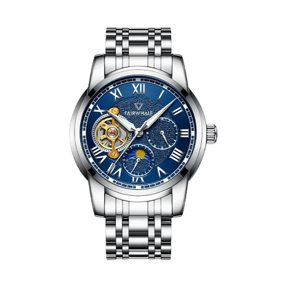 Silver wristwatch with a blue face on a white background