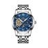Silver wristwatch with a blue face on a white background