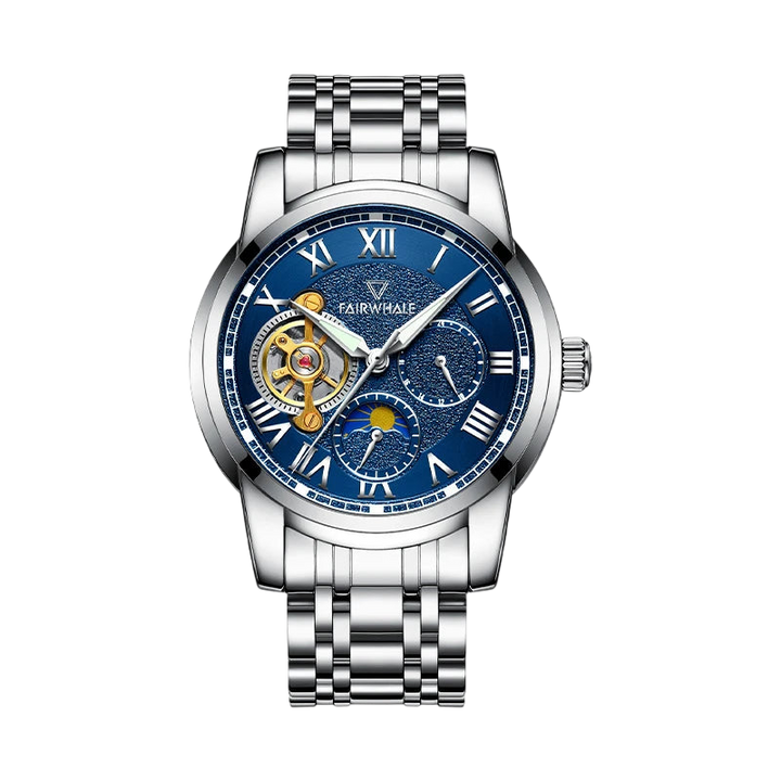 Silver wristwatch with a blue face on a white background