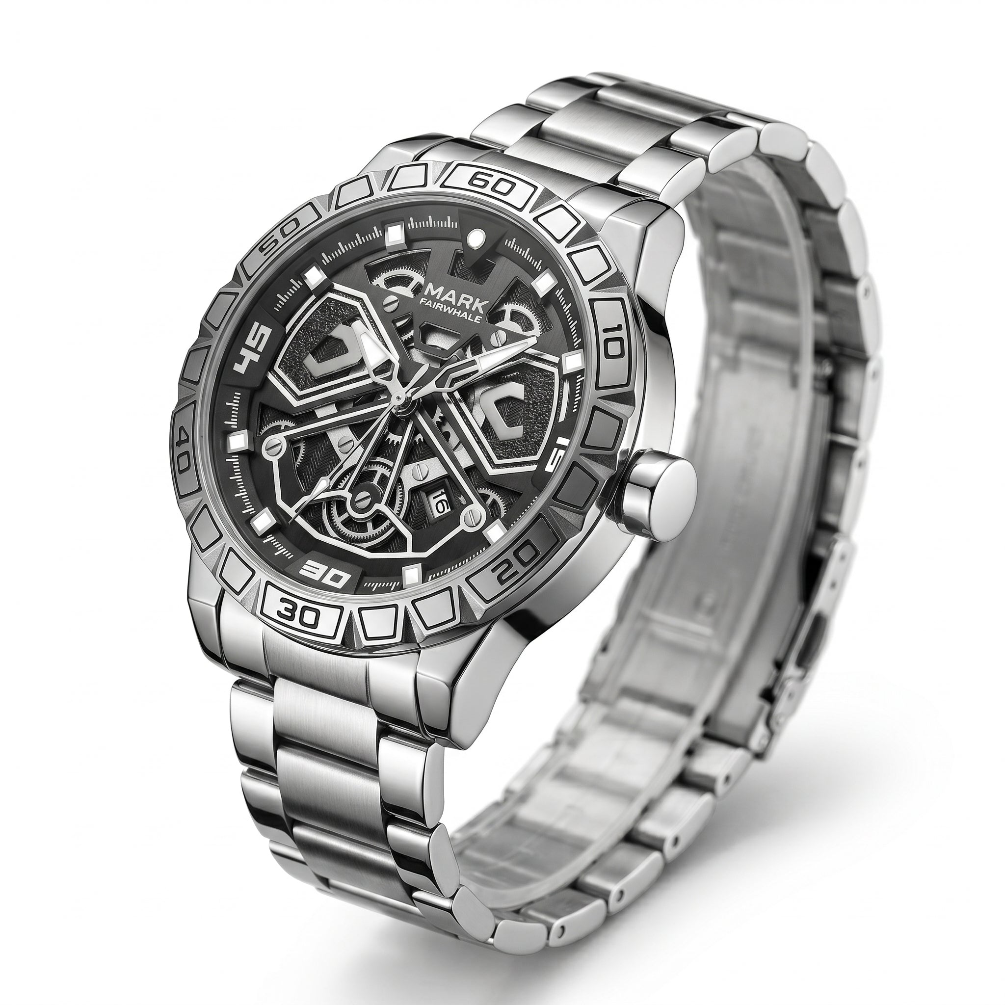 Silver wristwatch with a detailed face on a white background
