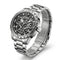 Silver wristwatch with a detailed face on a white background