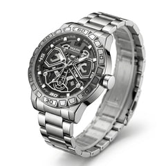 Silver wristwatch with a detailed face on a white background