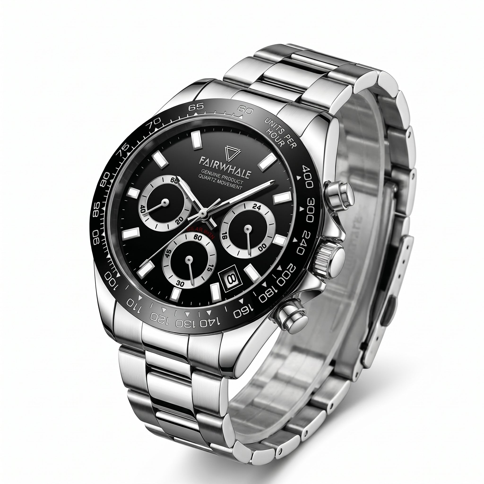 Silver wristwatch with black dial on a white background