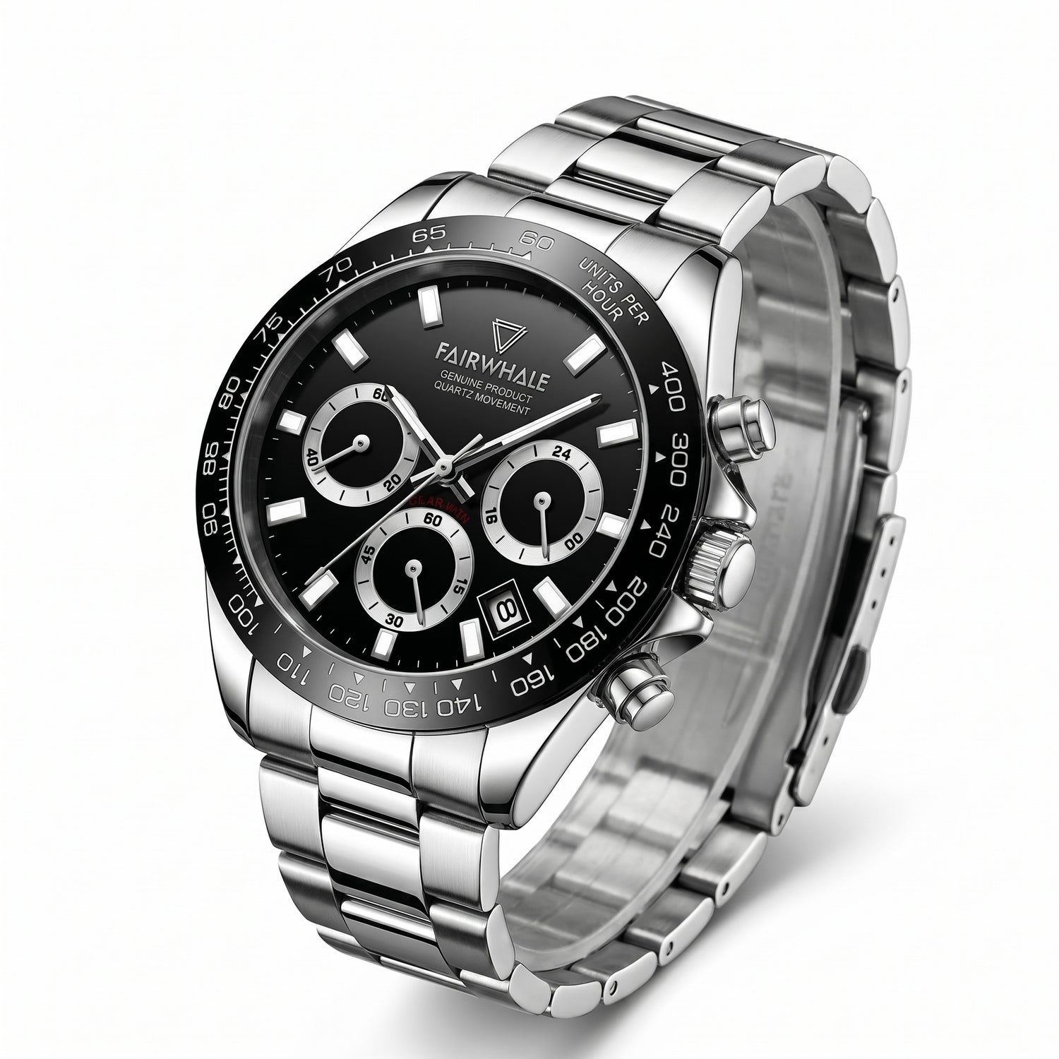 Silver wristwatch with black dial on a white background