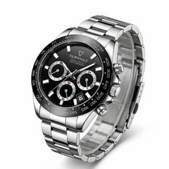 Silver wristwatch with black dial on a white background