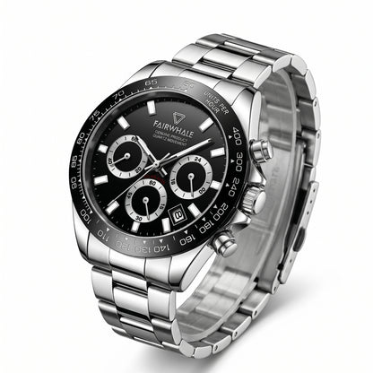 Silver wristwatch with black dial on a white background