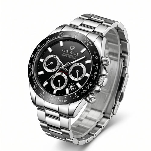 Silver wristwatch with black dial on a white background