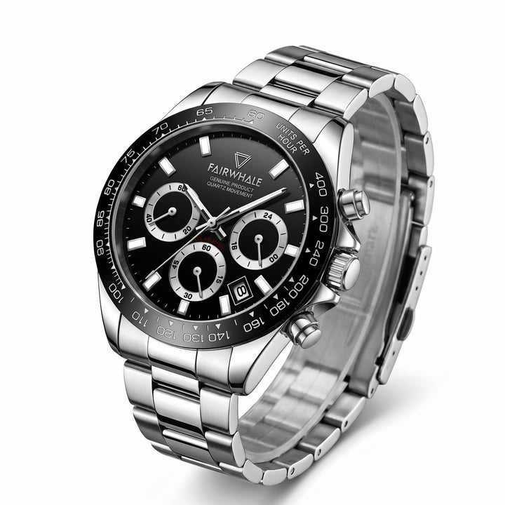 Silver wristwatch with black dial on a white background