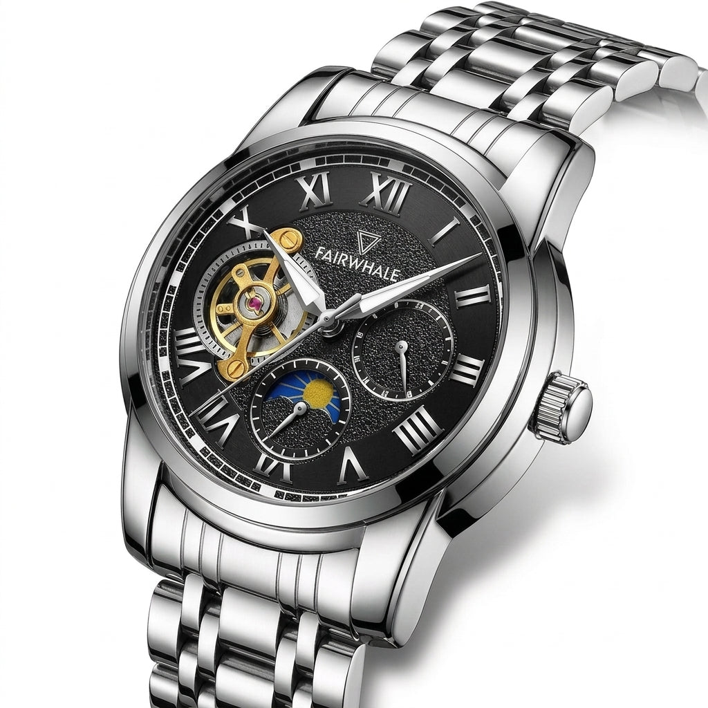 Silver wristwatch with black dial and visible brand name on a white background