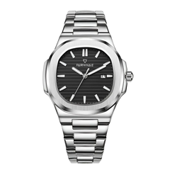 Silver wristwatch with black dial on a white background