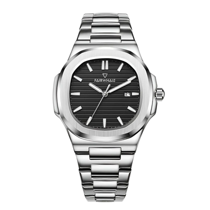 Silver wristwatch with black dial on a white background
