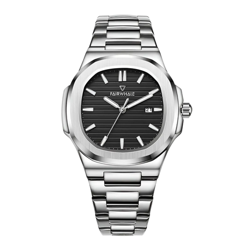 Silver wristwatch with black dial on a white background