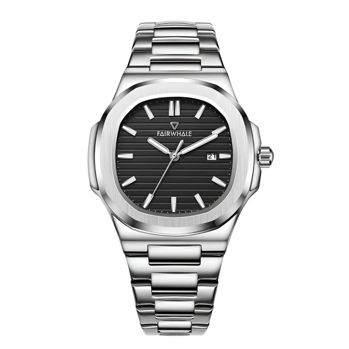 Silver wristwatch with black dial on a white background