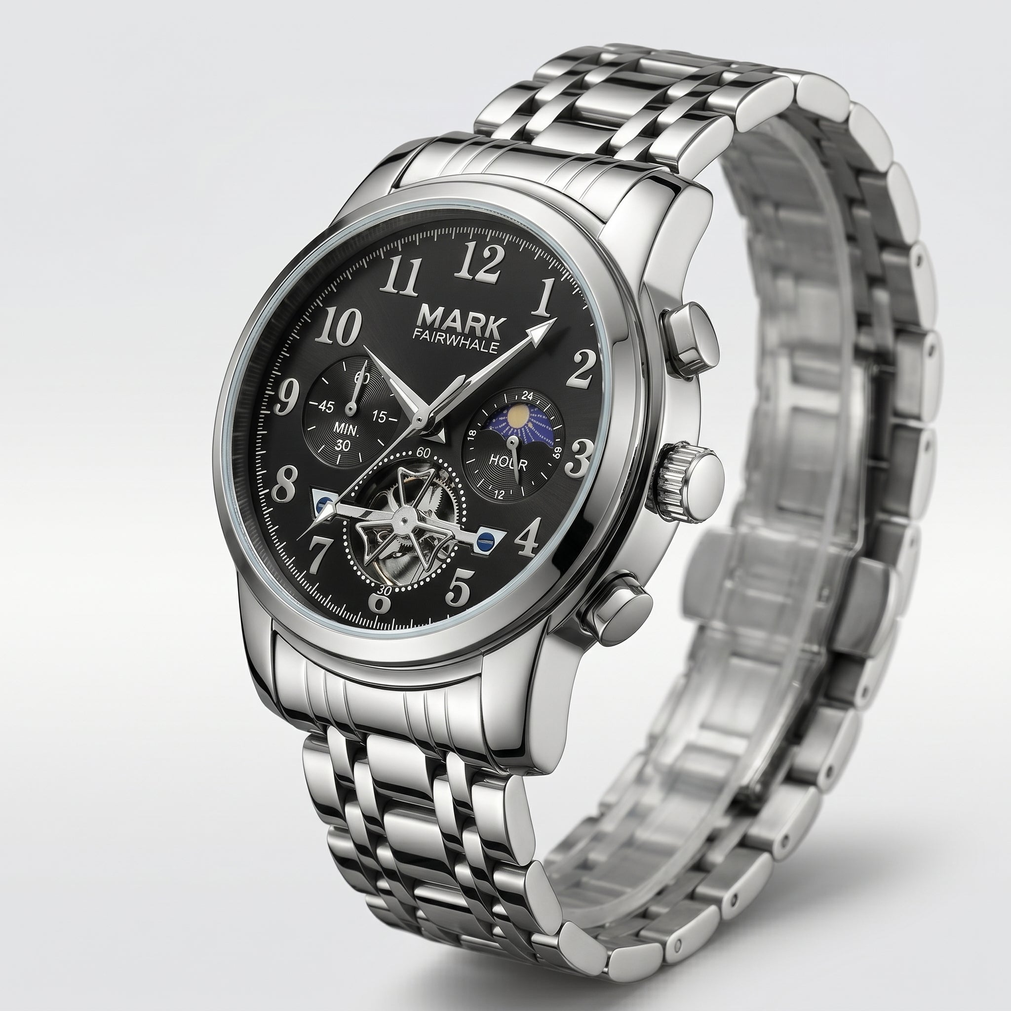 Silver wristwatch with black dial on a light gray background