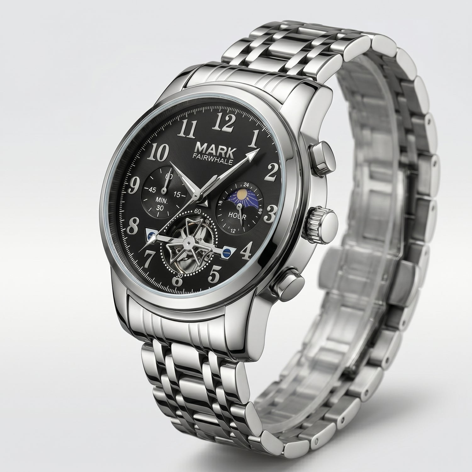 Silver wristwatch with black dial on a light gray background