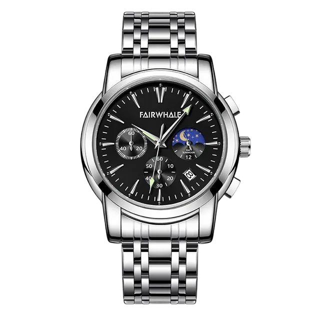 Silver wristwatch with black dial on a white background, featuring the brand 'FAIRWHALE'.