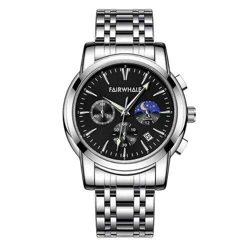 Silver wristwatch with black dial on a white background, featuring the brand &