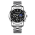 Silver wristwatch with black dial on a white background, featuring the brand &