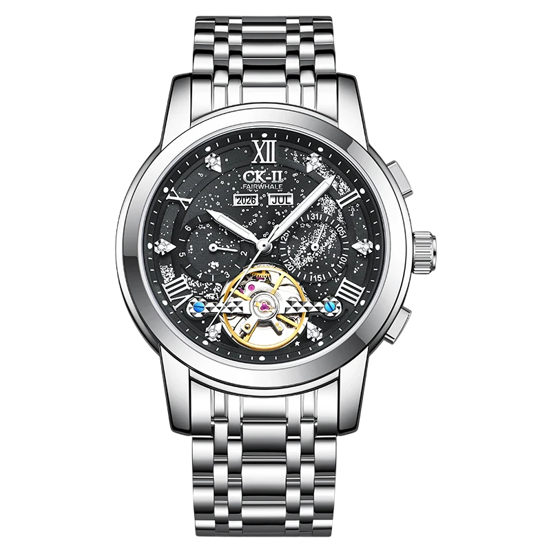 Silver wristwatch with black dial on a white background