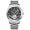 Silver wristwatch with black dial on a white background