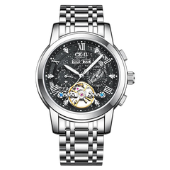 Silver wristwatch with black dial on a white background