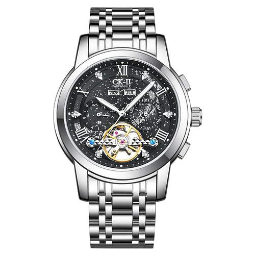 Silver wristwatch with black dial on a white background