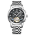 Silver wristwatch with black dial on a white background