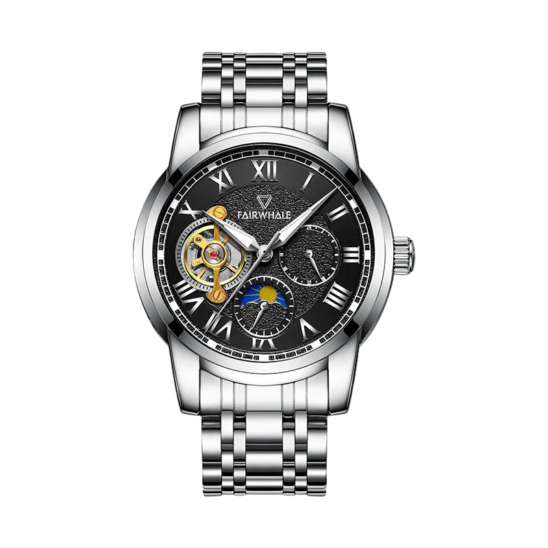 Silver wristwatch with black dial on a white background