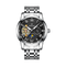 Silver wristwatch with black dial on a white background