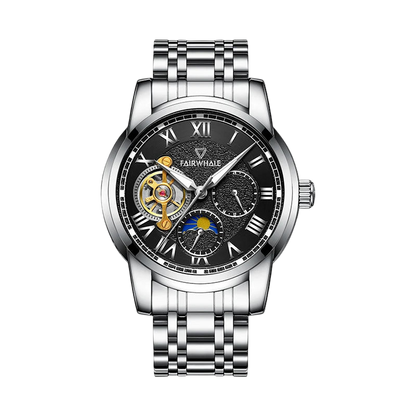 Silver wristwatch with black dial on a white background