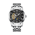 Silver wristwatch with black dial on a white background