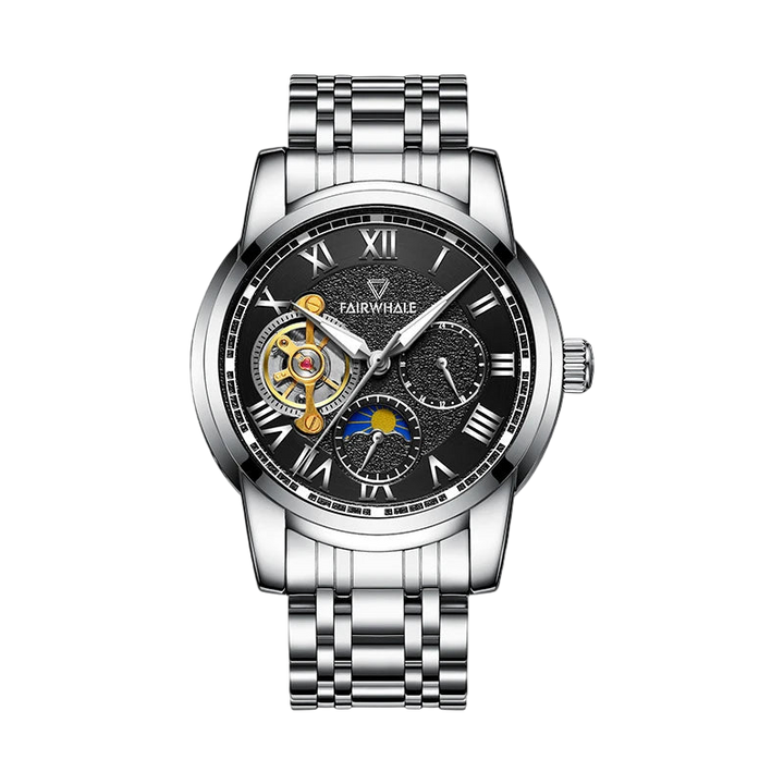 Silver wristwatch with black dial on a white background