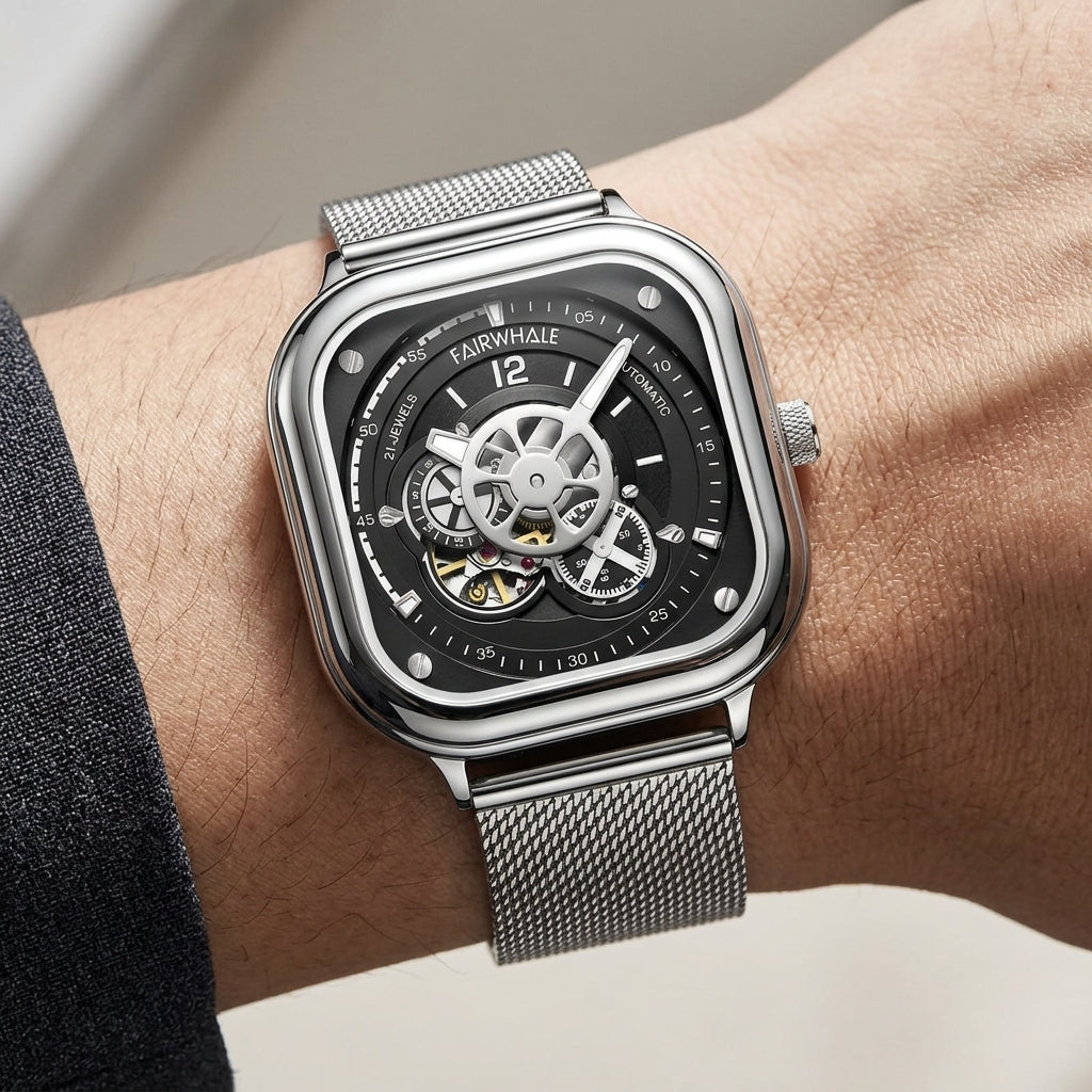 Silver wristwatch with black face on a person&