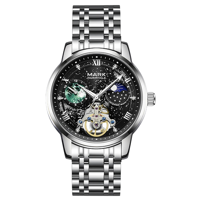 Silver wristwatch with black face on a white background