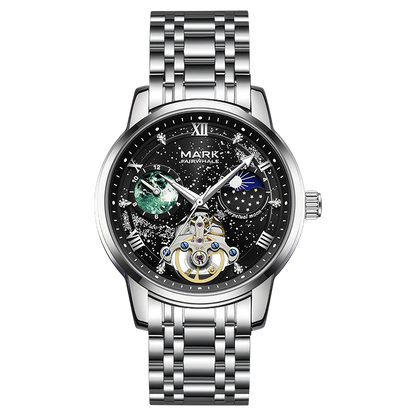 Silver wristwatch with black face on a white background