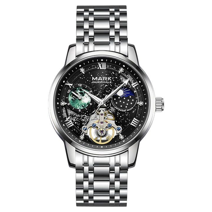 Silver wristwatch with black face on a white background