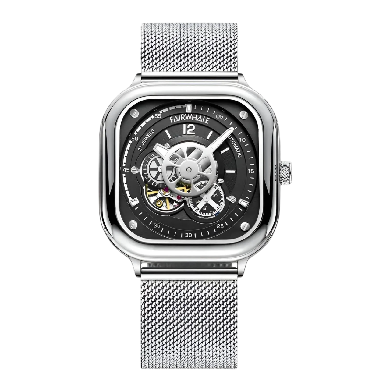 Silver wristwatch with black face on a white background