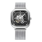 Silver wristwatch with black face on a white background