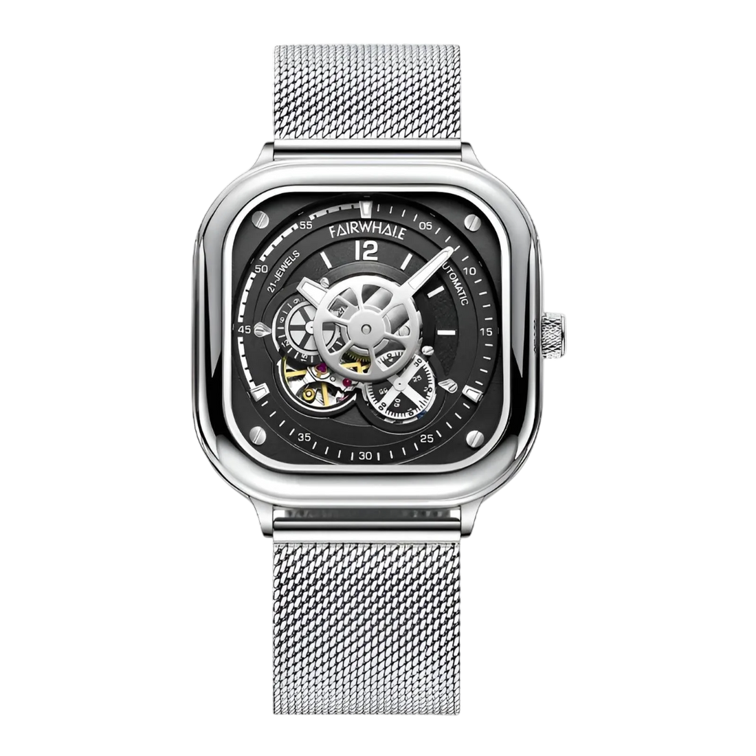 Silver wristwatch with black face on a white background