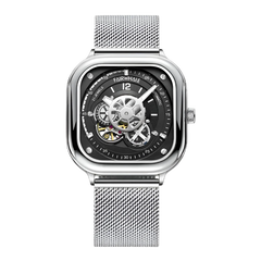 Silver wristwatch with black face on a white background