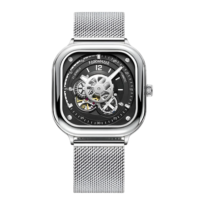 Silver wristwatch with black face on a white background