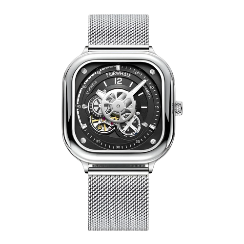 Silver wristwatch with black face on a white background